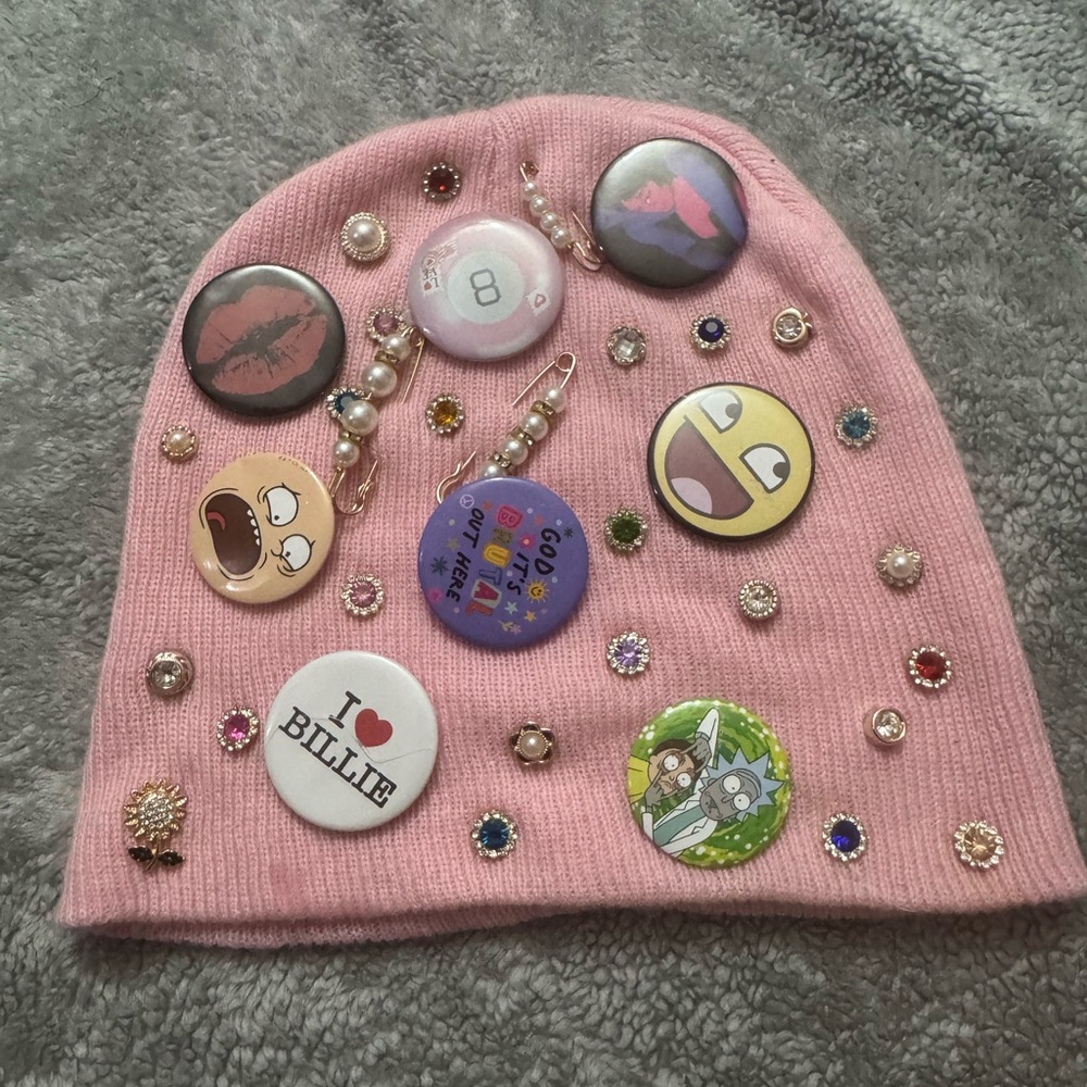 Kids/teen Pink Beanie with Fun Pins